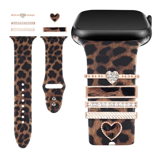 Shesyuki Printed Watch Band with Charms Compatible with Apple Watch 38mm 40mm 41mm 42mm 44mm 45mm 49mm Leopard Soft Silicone Band & Decorative Ring Loops for iWatch Series 7 6 5 4 3 2 1