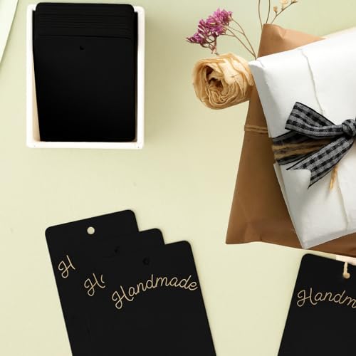 Image of CVANU Black Kraft Paper Hanging Rectangle Shaped Tags (300pcs) with Jute Twine for Wedding| Write Blessings| Thanksgiving| Gift Decor (3.5inch X2.3inch)