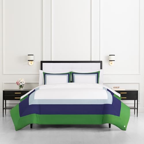 Image of kate spade new york Color Block Full /Queen Comforter Set, 300 Thread Count and 100% Cotton Cover, All Season 3 Piece Reversible Bedding Set, Machine Washable, Navy, Green and White