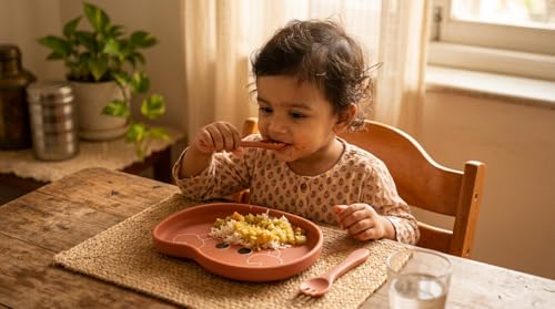 Image of TIGGY & BONNET Crab 2 Pcs Silicone Baby Feeding Set | BPA-Free, Microwave Safe, Anti-Slip Base, Suction Plate & Spoon