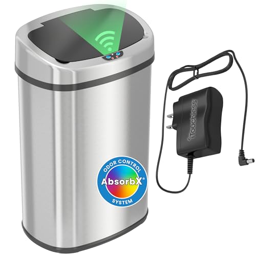 Image of iTouchless 13 Gal Steel Sensor Trash Can | AC Adapter, AbsorbX Odor Filter