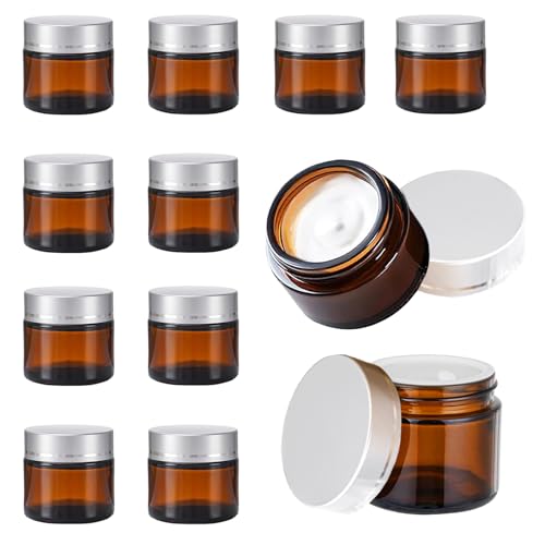 Vasetti Vetro Ambrato, 12 Pezzi Barattoli Cosmetici, 10ml Contenitore in Vetro Marrone, Barattoli per Crema, Vasetti da Viaggio Ricaricabili, Per Cosmetici, Creme, Lozioni, Oli Essenziali(Argento)