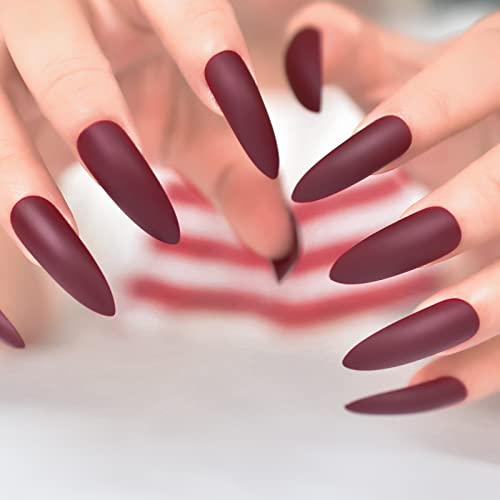 ELEVENAIL Extra Long Stiletto Burgundy False Nails Wine Red Matte Press on Nails Gifts Reusable Wearable Fake Acrylic Nail Art Tips Salon DIY Manicure for Halloween Party Adhesive Tabs Nail File