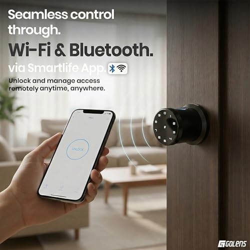 Golens New 2025 Royale X40 Smart Digital Door Lock | 6-Way Unlock (Fingerprint, PIN, RFID, Temporary Password, App, Mechanical Key, Privacy) | Premium Round Knob | Main Door, Bedroom & Office | Black