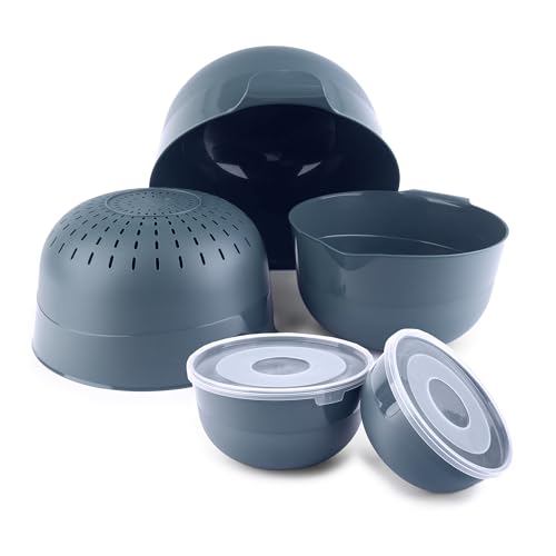 KADAX Lot de 5 bols, couvercle, saladier et bols à salade en plastique pour ranger les aliments, bol de service empilable, mélangeur (gris foncé)