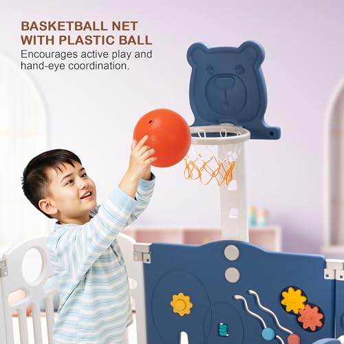 Image of Baybee 2 in 1 Foldable Kids Playpen for Babies | Baby Play Area Indoor Setup with Basketball Set, Sensory Toys, Safety Lock, & Double Knob | Outdoor Play Pen for Kids for 0-5 Years | Baby Activity Playards for 0-5 Years (16 Panels)