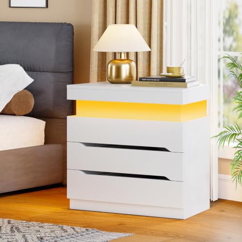 Image of TEENFON Night Stand with 3 Drawers, Nightstand with App-Controlled Adjustable LED Light, Bedside Table with Slidable Hidden Storage Space, Modern Nightstands for Bedroom,White