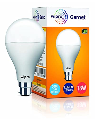 wipro Garnet 18W LED Bulb for Home & Office |Cool Day White (6500K) | B22 Base|220 Degree Light Coverage |4Kv Surge Protection |400V High Voltage Protection |Energy Efficient | Pack of 1
