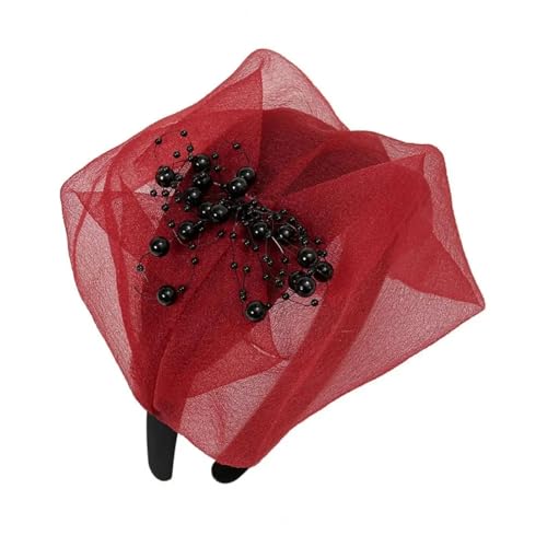 Tocado con velo rojo de 2 piezas diadema elegante con cuentas de malla para bodas