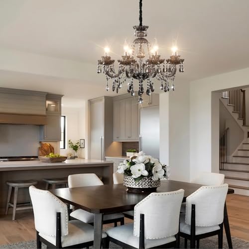 Luxurious Smoky Gray Crystal Chandelier for Living Room, Antique 6-Lights Teardrop Candle Chandelier Pendant Ceiling Lighting Fixture for Kitchen Dinner Party Closet Entryway of CRYSTOP Luxurious Smoky Gray Crystal Chandelier for Living Room, Antique 6-Lights Teardrop Candle Chandelier Pendant Ceiling Lighting Fixture for Kitchen Dinner Party Closet Entryway of CRYSTOP