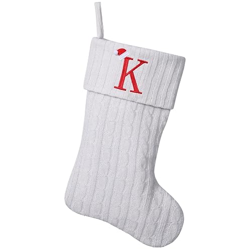 Yehnois 19.5" White Knit Christmas Stockings — Embroidered Initial K