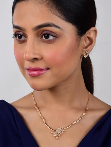 Image of Nilu's Collection Rose Gold Plated AD Stone Jewellery Set for Women, Girls | Special Ocassion, Wedding, Engagement, Dating | Anti Tarnish | Anti Allergy | Necklace and Earring Set | Gift for Her