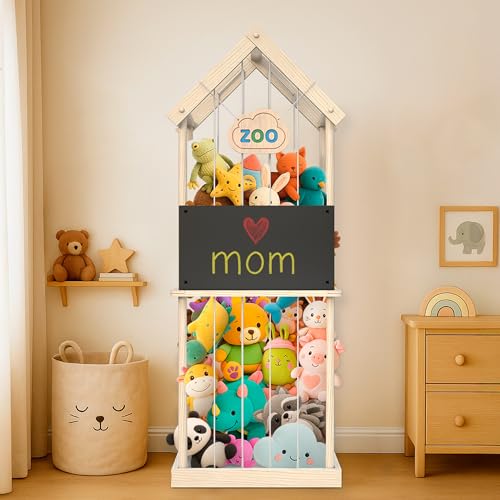 Paquber Stuffed Animal Storage Zoo – Wooden Vertical Plush Toy Organizer & Wall-Mount Storage with Built-in Chalkboard, 3 Chalks & Holder, Tool-Free Assembly, Anti-Tip Strap & Bumpers