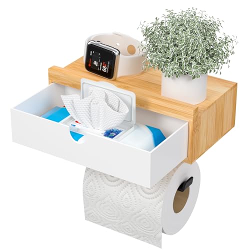 Exabang Bamboo Toilet Paper Holder with Wet Wipes Box, Toilet Paper Holder (Natural)