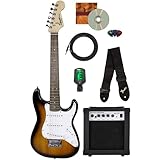 Fender Squier 3/4-Size Kids Mini Strat Electric Guitar - Brown Sunburst Bundle with Amplifier, Cable, Tuner, Strap, Picks, Online Lessons, and Austin Bazaar Instructional DVD