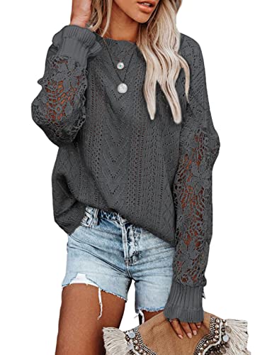 Image of Dokotoo Womens Crewneck Crochet Lace Long Sleeve Hollow Out Cable Knit Sweaters Pullover Tops