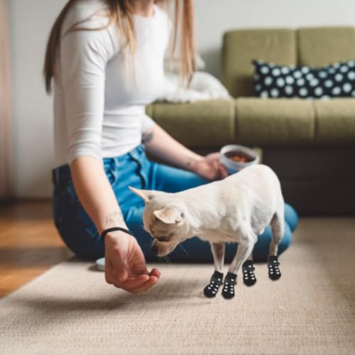 4 Stücke Indoor Anti-Rutsch Socken für Hunde, Anti Rutsch Pfotenschutz Hundesocken Outdoor Indoor Anti-Rutsch Socken für Kleiner Hund Weicher Verstellbarer Pfotenschutz mit Klettverschluss Schwarz (S)