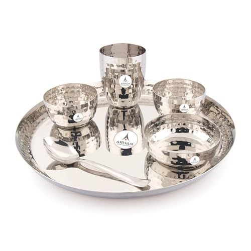 Image of Arham Stainless Steel Dinner Set | 6 Pcs (Big 1 Set) | Premium Heavy Weight Hammered Dinner Set for Gift | 6 Pcs (1 Plate, 1 Halwa Plate,2 Bowl /Wati, 1 Glass, 1 Spoon) | Premium DinnerWare