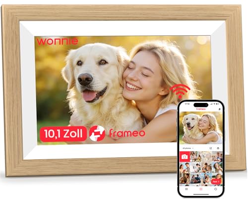 Frameo WLAN Digitaler Bilderrahmen 10,1 Zoll, HD 1280 * 800 IPS Touchscreen Elektronischer FotoRahmen mit 32GB Speicher, Auto Drehung, Einfache Weitergabe von Fotos Videos über Frameo App