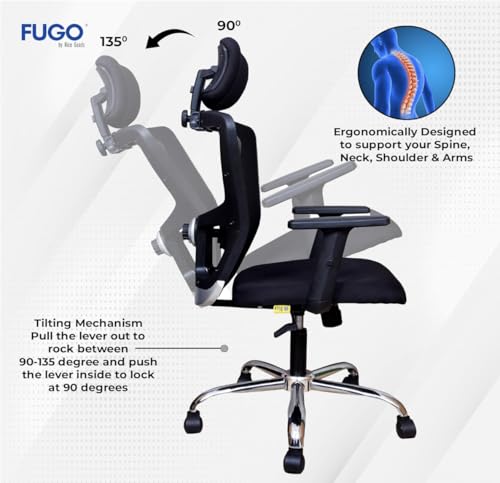Image of FUGO FG402 Ergonomic High Back Mesh Office Chair with Korean Nylon Mesh, Cushioned Seat, Tilting Mechanism, Adjustable 2D Headrest, Lumbar Support, Heavy-Duty Metal Base - 3-Year Warranty (FG404)