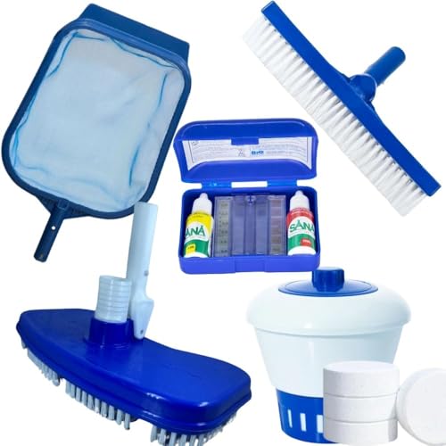 Kit Limpeza Piscina 1kg de Cloro + Clorador + Aspirador + Estojo de Teste Ph + Peneira + Escova Reta