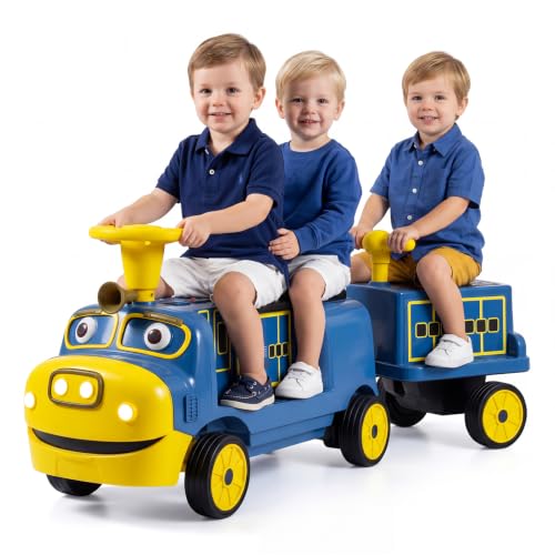 Costzon Licensed Chuggington 3-Seater Ride on Train, 12V Trackless Electric Vehicle Train with Height-Adjustable Seat, Whistle, Extra Storage & Detachable Carriage, Ride on Toy for Kids 3+
