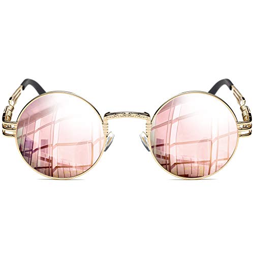Joopin Retro Polarized Steampunk Sunglasses Lennon Round Mirrored lens Metal Circle Vintage Sunglasses for Men and Women (Pink Steampunk) steampunk buy now online