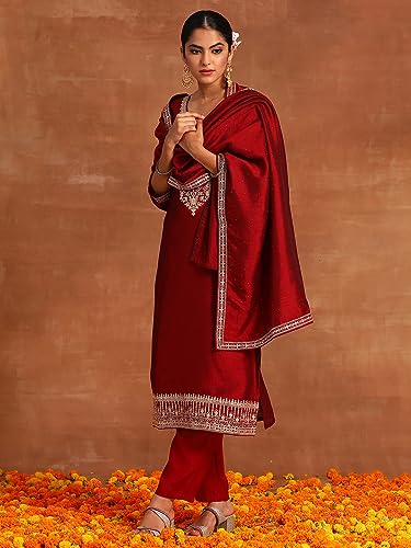 Image of INDO ERA Women's Polyester Maroon Embroidered Straight Kurta Trouser with Dupatta Set