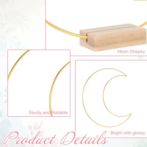Yuanan 12 Pack Moon Shaped Metal Floral Hoop Metal Wreath Ring Stand with Wooden Base Hoops for Crafts Dream Catcher Ring for Weddings, Banquets, Parties and Home Decoration-Gold