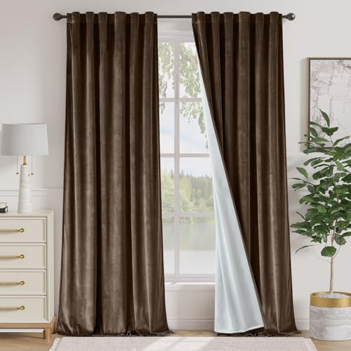 Image of Truffle Velvet Curtains Quiet Luxury Back Tab 52x96 Inch 2 Panels | Soft Velvet, Blackout, Lined, For Bedroom & Living Space, Light Shifting Texture, Elegant Drape, Rod Pocket, Luxury