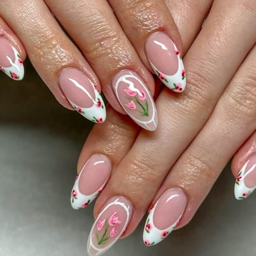 YoYoee 24-Piece Short Almond Press on Nails - French False Nails | Nude Tulip Fake Nails for Women Elegant & Durable Artificial Nails for Instant Manicure