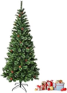 GYMAX 6FT/7FT Green Christmas Tree, Artificial Tree with Branch Tips, Metal Stand, Pine Needles and Cones, Fire Retardant PVC Xmas Decoration for Indoor & Outdoor (7FT)