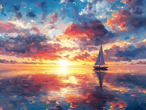 Peinture par numéro adulte coucher de soleil et voilier | Kit de peinture acrylique sur toile 90X120