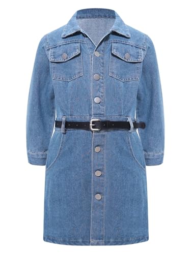 TiaoBug Mädchen Langarm Jeanskleid Denim Hemd Blusen Kleid mit Knopfleiste...