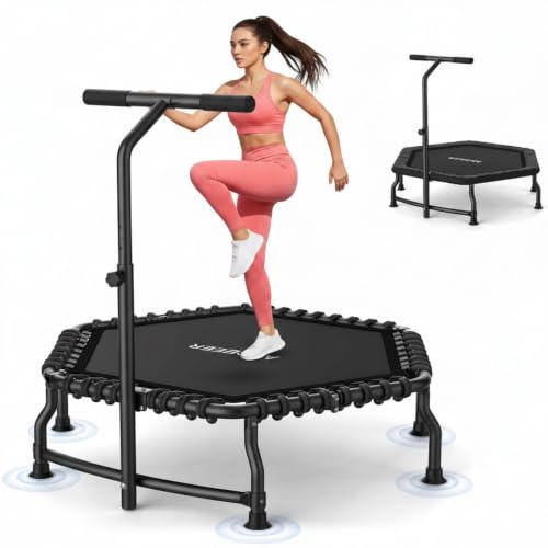 Image of ANCHEER Trampoline, 50'' Rebounder Trampoline for Adult with Bar, Indoor Mini Trampoline, 550LBS Fitness Trampoline with Bungee, Jumping Cardio Equipment, Exercise Trampoline at Home