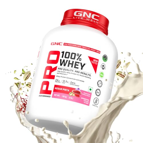 Image of GNC Pro Performance 100% Whey Protein | New Formulation | 24g Protein, 5.7g BCAAs, 12.3g EAAs | Added DigeZyme | Whey Isolate & Concentrate Blend, Low Carb (4.51g), No Added Sugar | Kesar Pista, 1.81Kg