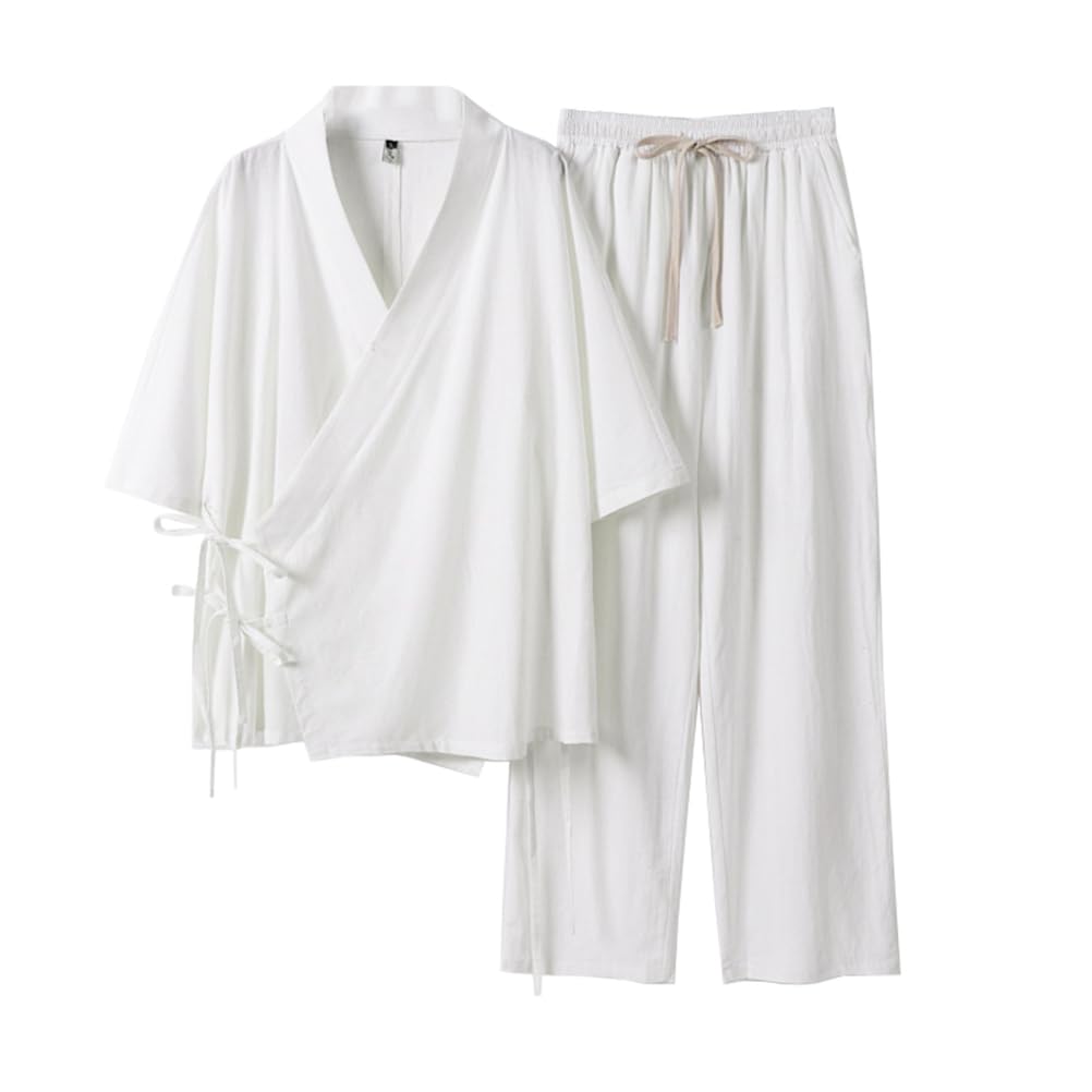 TIANQIHAO Japanese Style Pajamas Cotton Japanese Kimono Suit Summer Plus Size Kimono Bathrobes Chinese Style Sleepwear,White-7X-Large