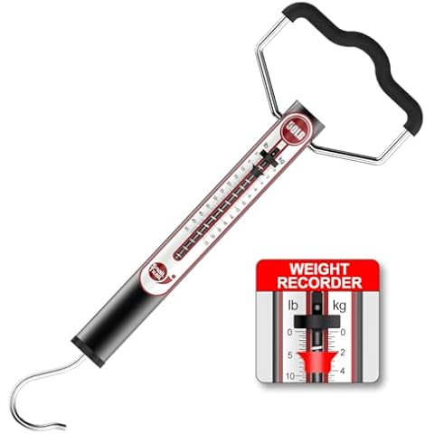 SNAIL TRAIL 20 LB / 50 LB Aluminum Tube Spring Fish Scale with Peak Weight Marker & Zero Reset, Mechanical Fishing Weighing Gauge with Hook, Non-Digital Hand Held Pull Weigher, Hanging Drag Scale Cover