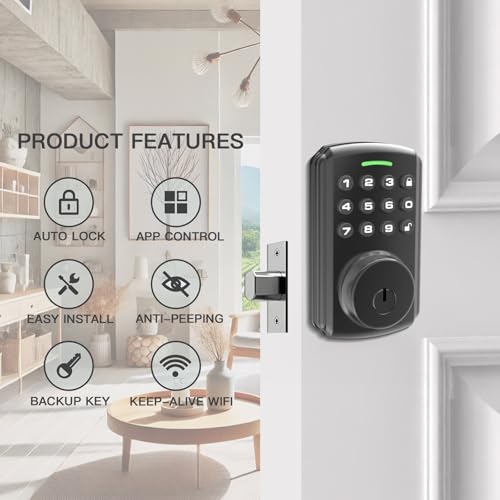 Canada Stock - Lyrixar Smart Lock for Front Door with Keep-Alive WiFi, Door Locks for Entry Door, Deadbolt Lock, Auto Lock with Keypad, IP65 Waterproof, Easy Installation, Matte Black by Lyrixar - Image 6