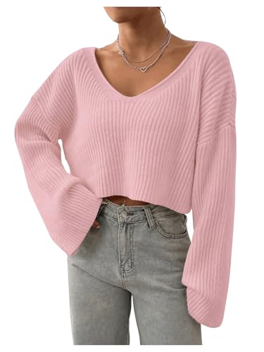 Image of Floerns Women's Long Sleeve Cropped Fall Pullover V Neck Drop Shoulder Rib Knit Sweaters Top