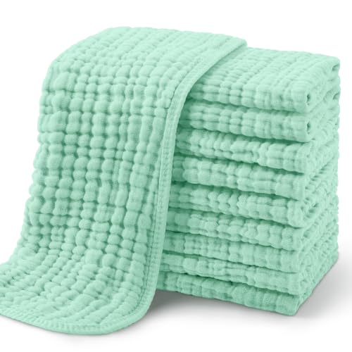 Image of Yoofoss Muslin Burp Cloths for Baby 10 Pack 100% Organic Cotton Baby Washcloths for Boys Girls Large 20''X10'' Super Soft and Absorbent Apricot,Mint Green