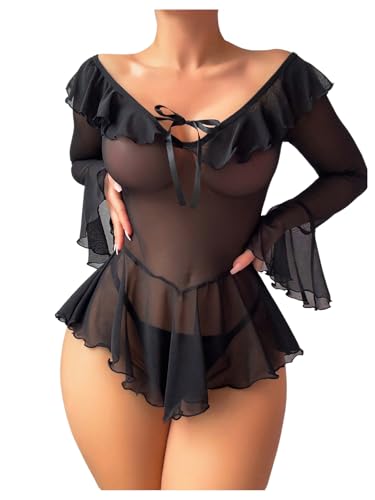 Image of OYOANGLE Women's 2 Piece Off Shoulder Long Sleeve Ruffle Mesh Sheer Nightgowns with Thongs Babydoll Lingerie Set