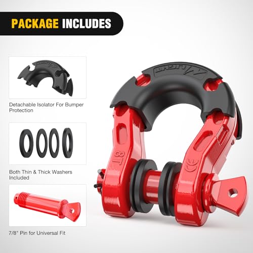 Image of Nilight Heavy Duty Mega D-Ring Shackles(2 Pack) 68,000 lb Break Strength(17,000 lb WLL) w / 7 /8″ Screw Pin & Washers, Forged Steel Off-Road Recovery Shackles for Tow Strap & Winch Gear, Red