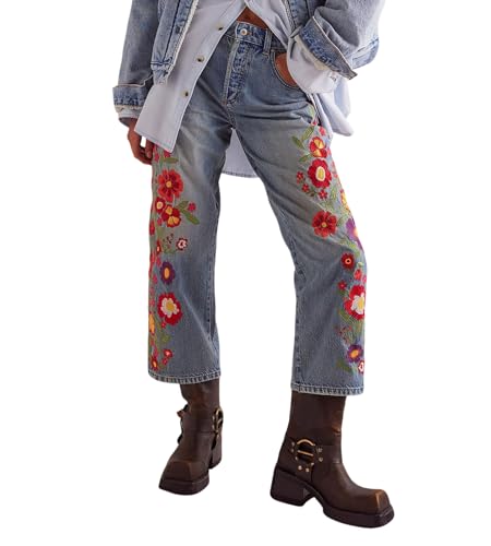 loveimgs Women Baggy Jeans Y2k Floral Embroidered Crop Denim Pants Wide Leg Mid Rise Jeans Cowgirl Sweatpants Trouser Pockets