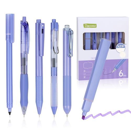 Dacono Pack of 6 Gel Pens Coloured Highlighter Writing Set, Aesthetic Retractable Black Gel Pens with 1 Highlighter, Periwinkle Style - Ballpoint Pen 0.5 mm Perfect for Students, Journaling