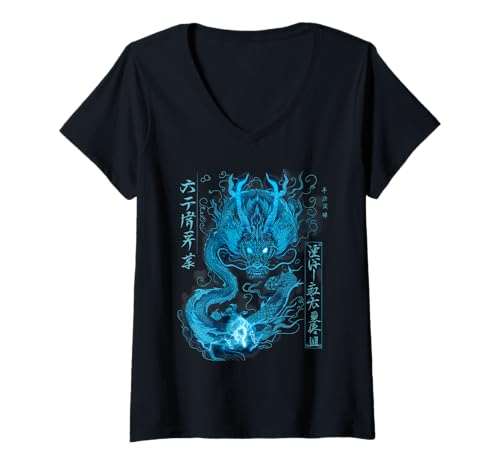 Mujer Dragón japonés volador verde con tatuaje de fantasía Kanji Camiseta Cuello V