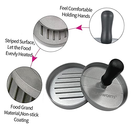 Foto von Gladworts Burgerpresse Antihaft + 100 Backpapier, Burger Pattie Presse Hamburger Patty Maker-Backform-Set für BBQ-Grill, Ø 12 cm