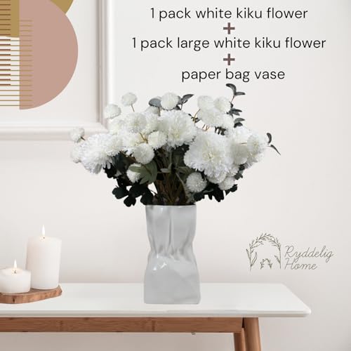 Ryddelighome Faux Kiku Flower White - 10 Stems & 18 Eucalyptus Stems(2 Branches), Small Mini Chrysanthemum Flowers, Artificial Pom Pom Balls For Aesthetic Room Decor thumb #4