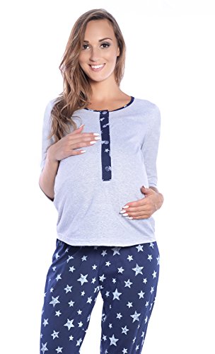 MijaCulture Mija - 3 in 1 Stillpyjama/Stillschlafanzug/Umstandspyjama/Pyjama 4054 (EU40 / L, Grau/Dunkelblau)