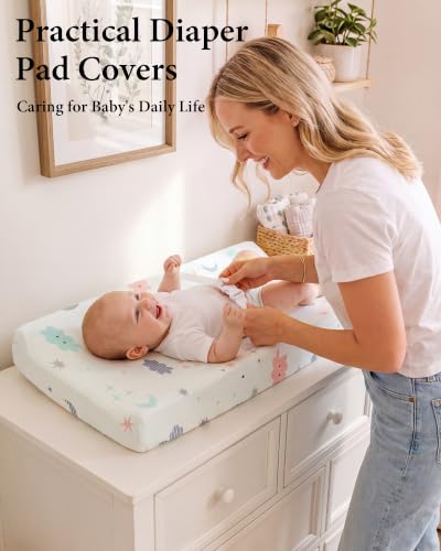 Image of Yoofoss 2-Pack Diaper Changing Pad Cover for Boys Girls 32x16 (Grey+Cloud)